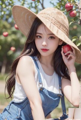 AI generated beauty ~ girl in straw hat and suspenders in Apple Orchard