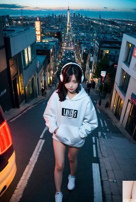 AI generated beauty~City street, oversized hoodie