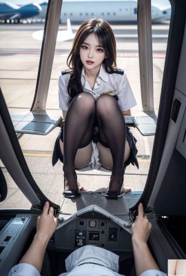 AI super stewardess black silk long legs