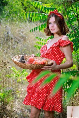 The beautiful little village girl picking in the orchard offers you peaches – Helana (40P)