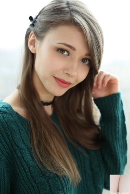 The cute girl pulls up her sweater to reveal her snow-white elder, Mila Azul (55P)