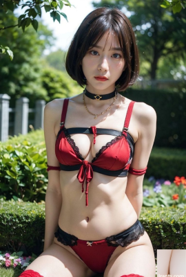A collection of photos of a bob-cut idol with an actress face, wearing various underwear and going for a walk nude